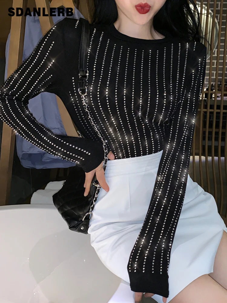 

Slim Bottoming Shirt Women's Inner Wear Spring Autumn Fashion Heavy Embroidery Hot Drilling Long Sleeve T-shirt Outerwear Tops