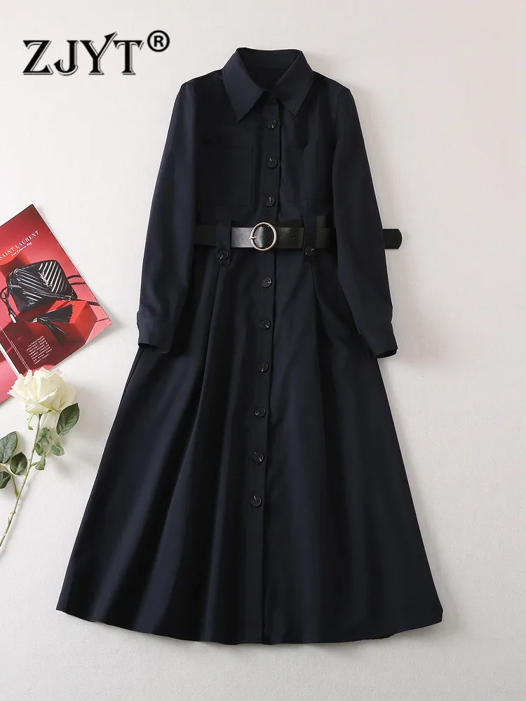

ZJYT Runway Designer Autumn Long Sleeve Shirt Dresses for Women 2022 Elegant Single Breasted Aline Casual Vestidos Blue Belt