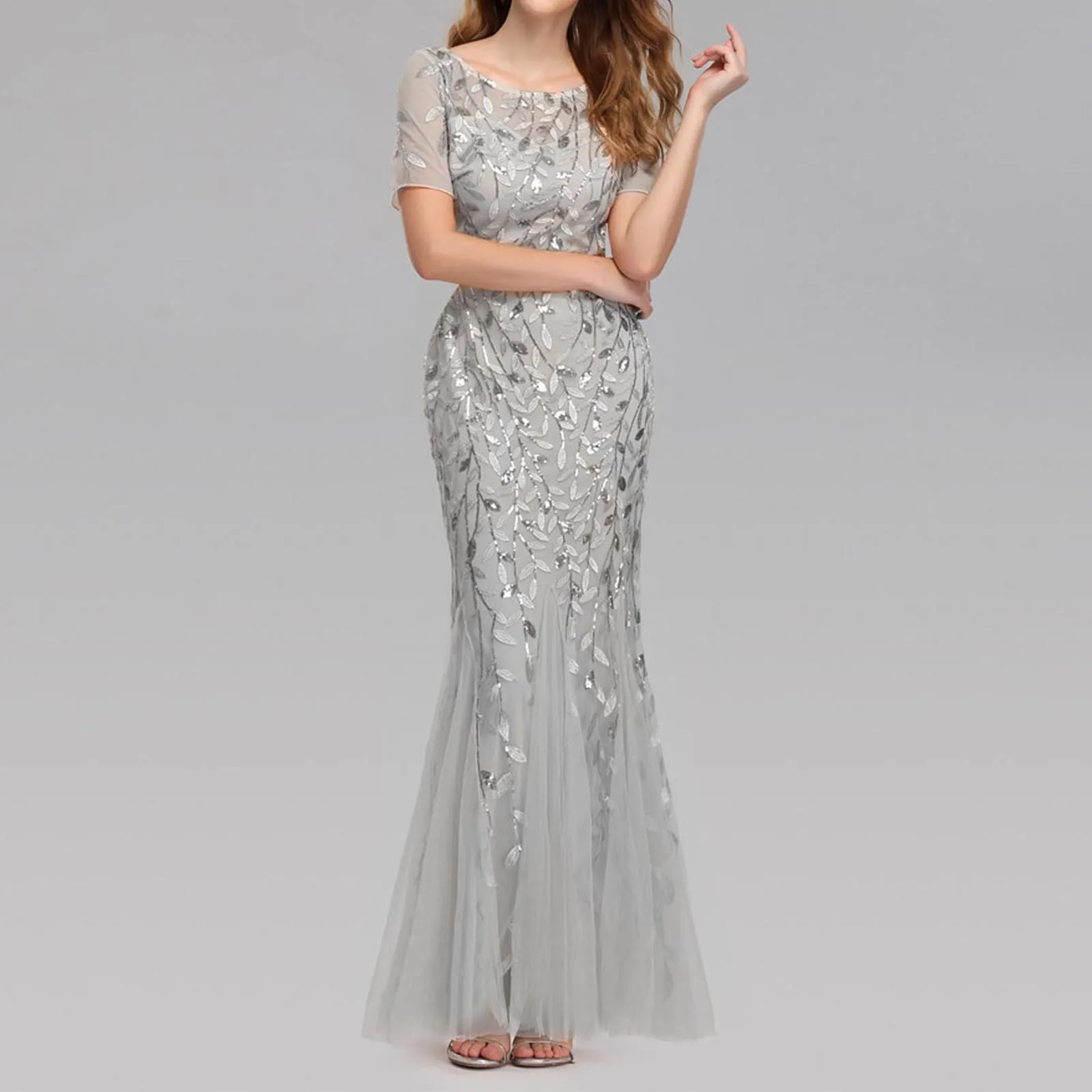 

Evening Dresses Mermaid Sequin Dress O Neck Short Sleeve Long Bridesmaid Prom Dresses For Women Party Club Elegant Formal Dress