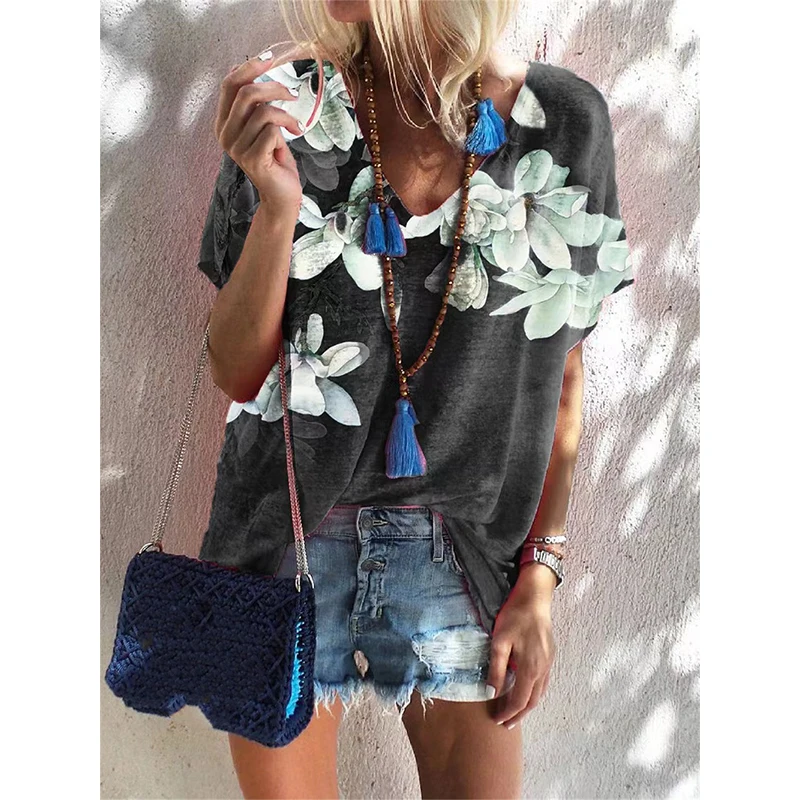 

Fashion Floral 3D Print T-shirt Women Flower Y2k Tops Retro Streetwear Harajuku T Shirts V-Neck Tees Female Oversized Clothing