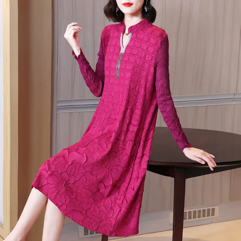 

Dress For Woman 45-75kg Spring 2022 Fashion V Neck Long Sleeves Loose Middle-age Mother A Line Dresses Mid-Calf Length