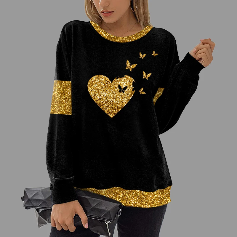 Black Sweatshirt For Women Heart-shaped Butterfly Printed Kpop Female Coat Harajuku Pullover Y2k Aesthetic Oversized Clothing