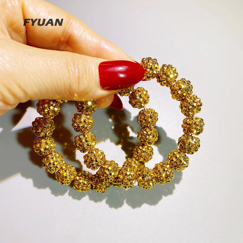 

FYUAN Fashion Crystal Ball Hoop Earrings Oversize Geometric Rhinestones Earrings for Women Statement Jewelry