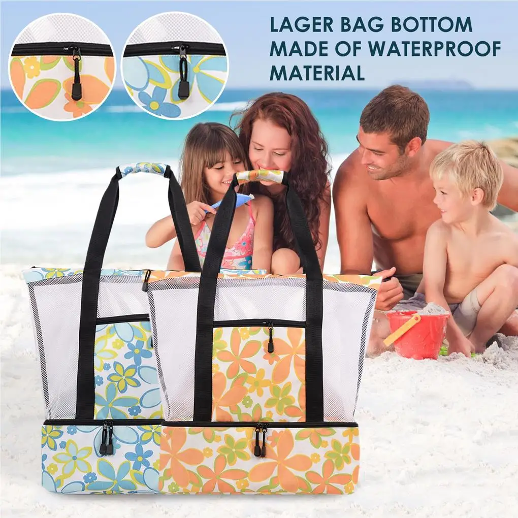 

Summer Beach Storage Bag Portable Picnic Bag Mesh Double Layer Mesh Bag Thermal Cooler Compartment Camping Tote Storage Bag