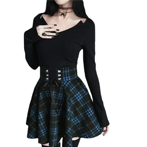 Women's Gothic Black Checkered Skirt Women Pleated Plaid Skirts Spring Autumn Girl Hip Hop Female Punk Goth Mini Skirt Clubwear