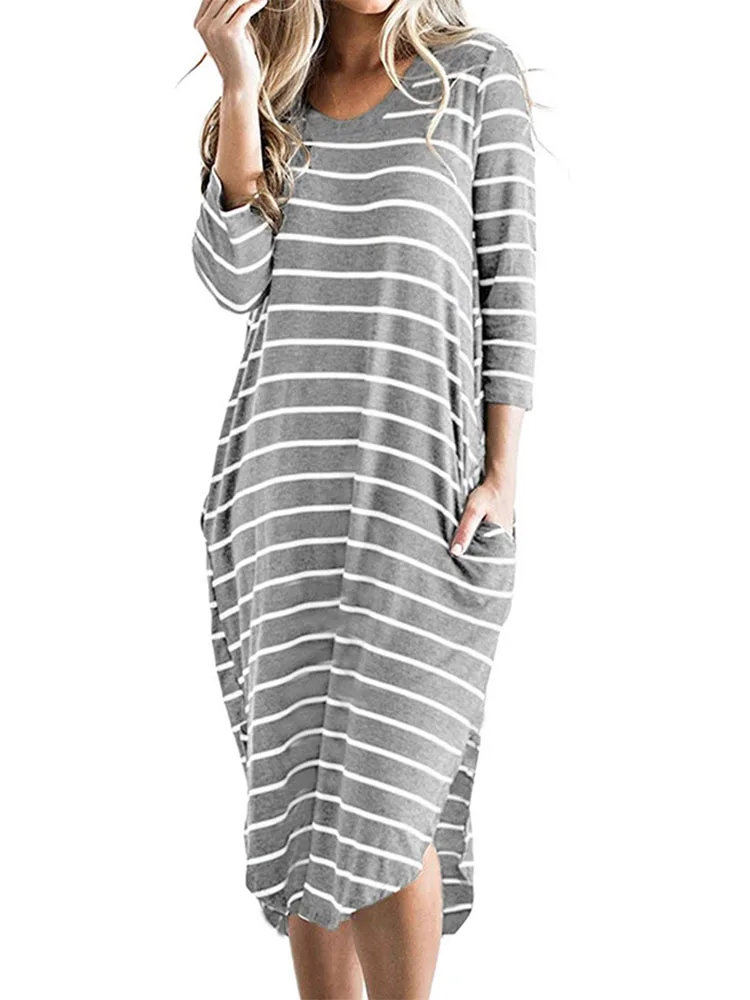 

Summer 2023 Loose T Shirt Dresses Women Casual Street Striped Large Size Basic Long Sleeve Split Dress Pockets Female M0465