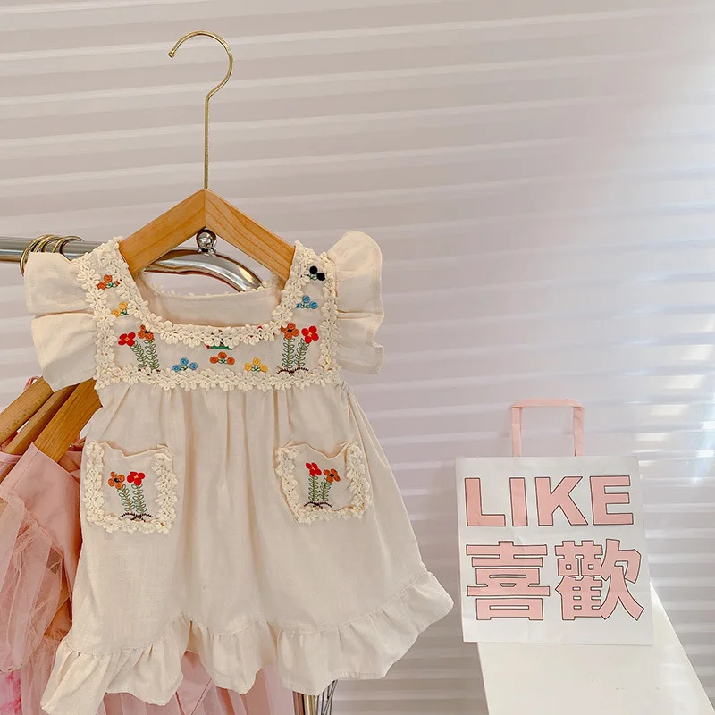 

Летнее платье для девочек, платье для малышей, детские платья, детская одежда, с цветочной вышивкой, с рюшами и летящими рукавами, из хлопка