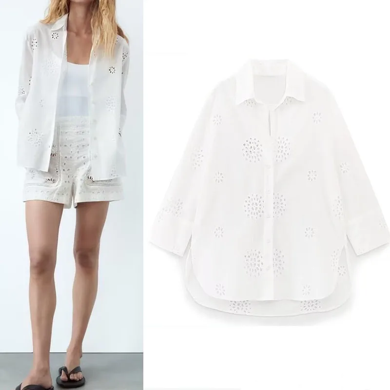 

TRAF Fashion Woman Blouse 2023 Vintage Openwork Embroidery White Shirt Female Clothing Loose Shirts And Blouses Summer Chic Tops