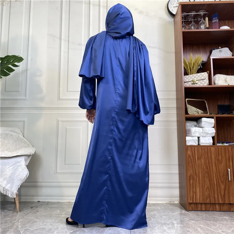 Muslim Dress Women Sleek Minimalist Solid Satin Dress with Bandana with Side Pockets Abayas for Women Dubai 2022 Baratas Islam