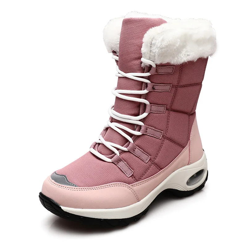 Women Snow Boots  Cotton Shoes PU Thick Warm Non Slip Round Shape Flat Large Size High Gang