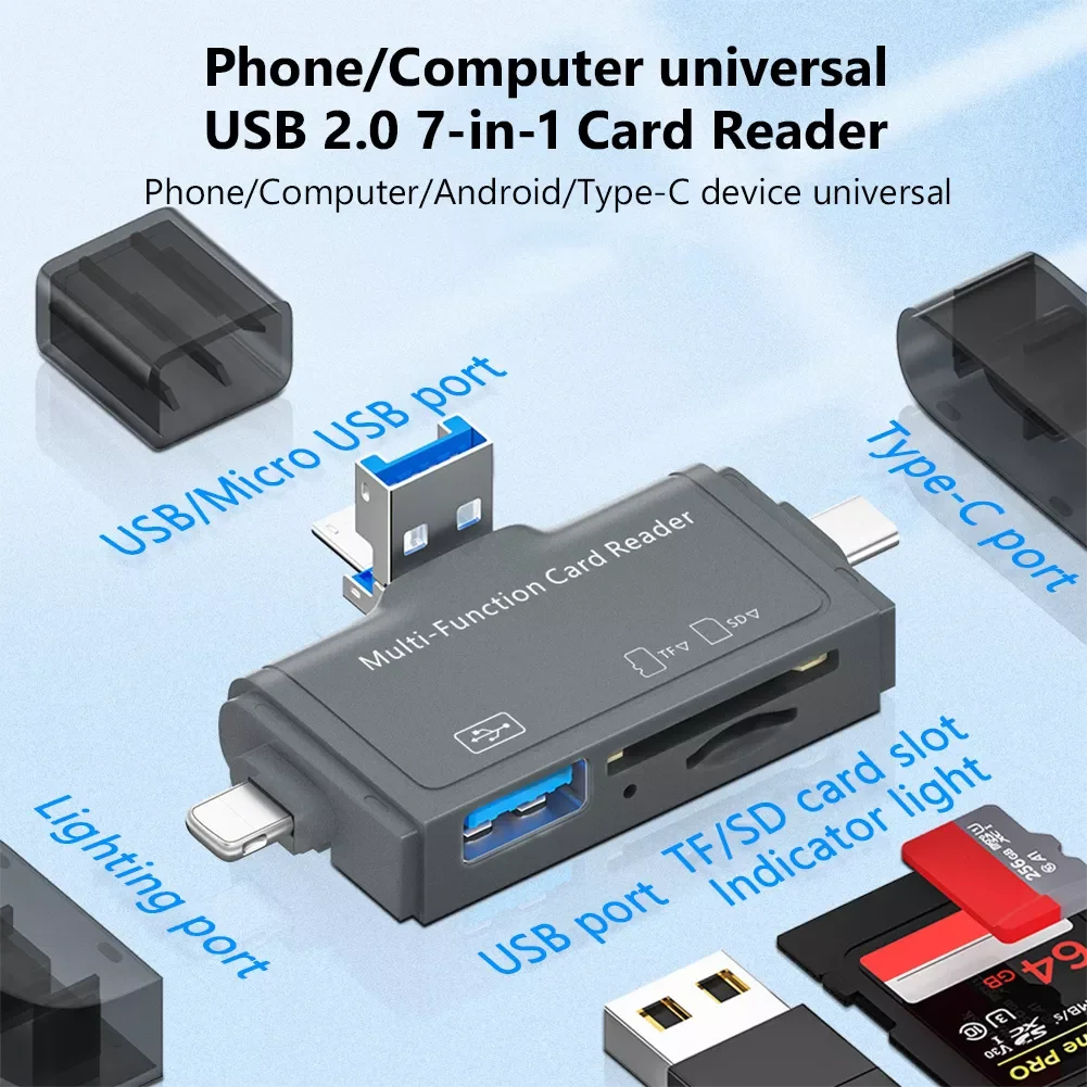 

7 in 1 Card Reader USB 2.0 &Type C to SD Micro SD TF Card Reader Adapter For Apple iPhone Macbook Laptop PC Extension Cardreader