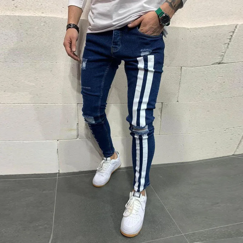 Men's Jeans Casual Stretch Jeans Men's Casual Pants Four Seasons Fashion Ripped Pencil Pants Skinny Home Men's Blue New Pants
