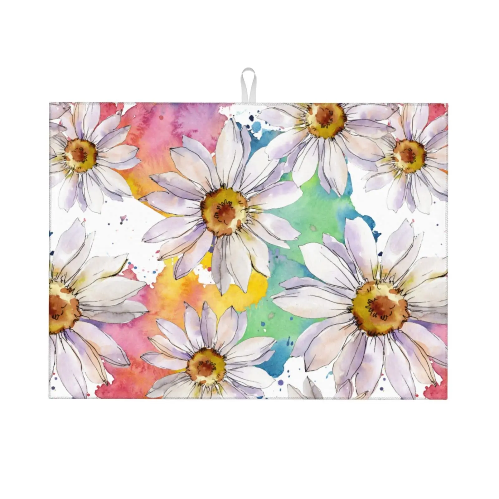 

Colorful White Daisy Spring Flowers Painting Microfiber Dish Drying Mat for Kitchen Counter Foldable Absorbent Dishes Drainer