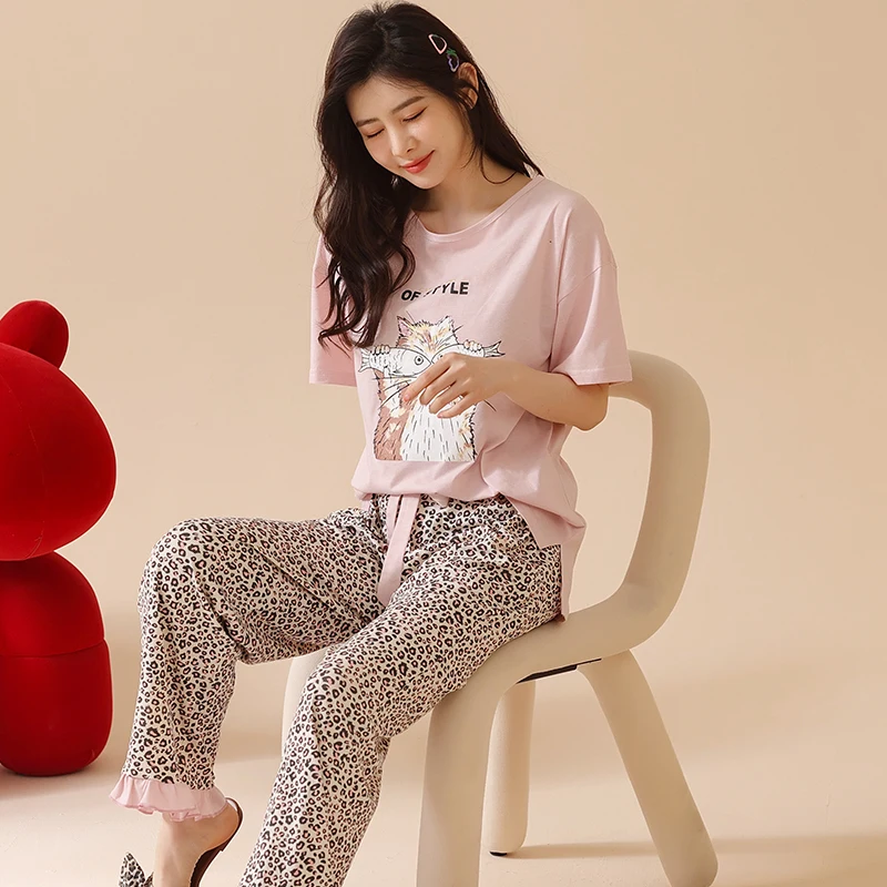 

Women Plus Size 4XL Loose Summer New Modal Pajamas Women's Short Sleeve Trousers Leopard Print Cute Anime Home Suit Pajama Sets
