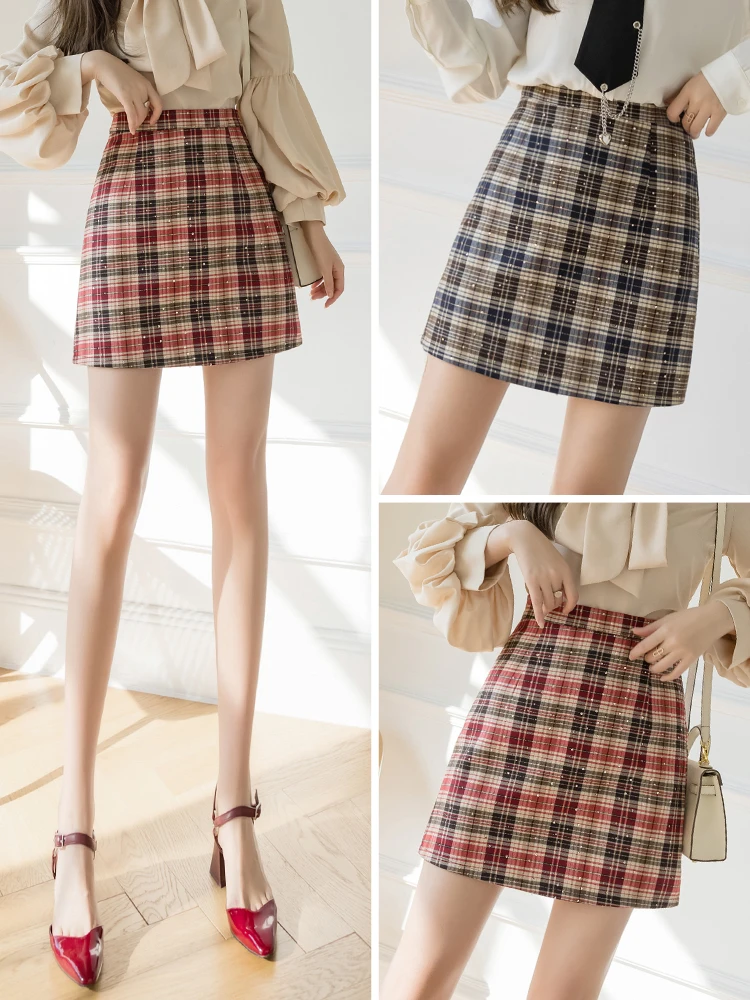 

Short Skirt Female Spring And Autumn 2021 New Versatile Plaid High Waist A-shaped Thin Sequin One-step Hip Wrap Skirt