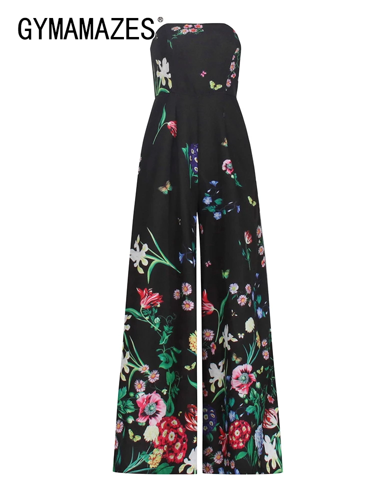 

GYMAMAZES Strapless Print Jumpsuits For Women Sleeveless Off Shoulder Gathered Wiast Wide Leg Slim Jumpsuit Female Clothing 2023