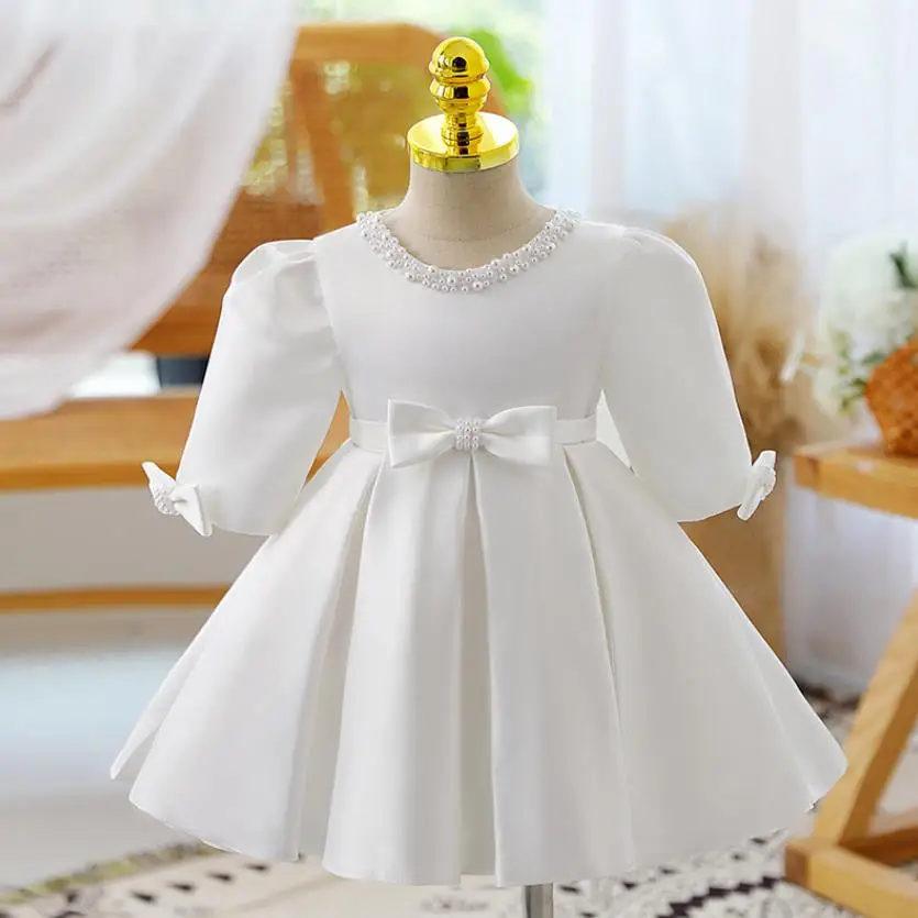 

High-End Children's Baptism Princess Evening Gown Bow Beading Design Wedding Birthday Party Girls Dresses For Eid A2402