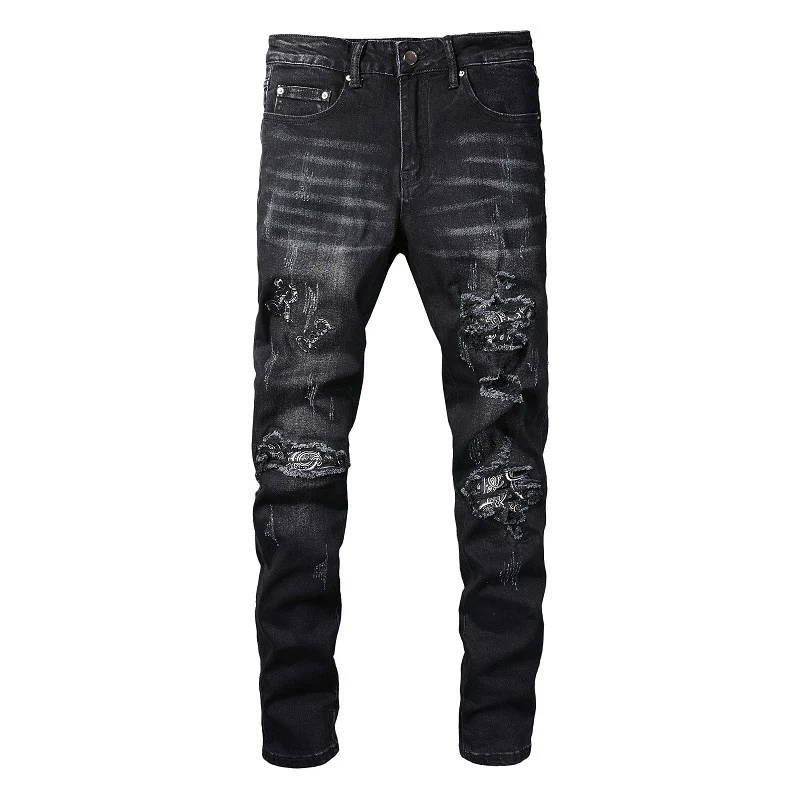 High Street Fashion Men Jeans Retro Black Gray Elastic Skinny Ripped Jeans Men Brand Patch Designer Hip Hop Stretch Pants Hombre