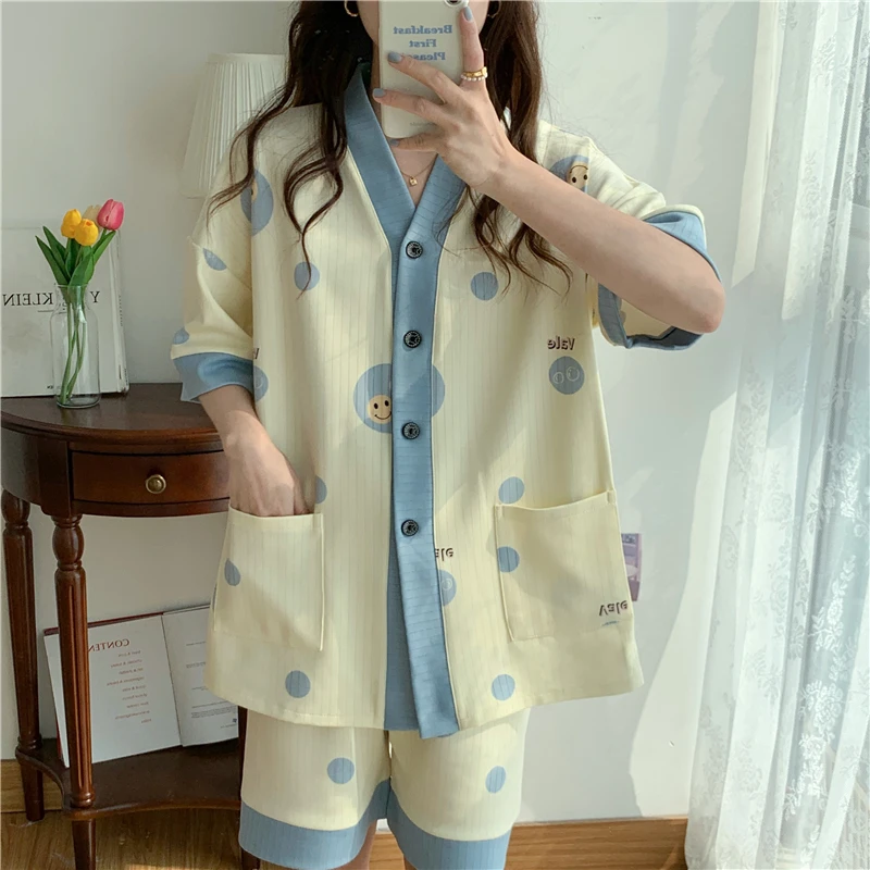 Summer thin female pajamas plus fat plus 300 catties can wear sweet loose home clothes short sleeve shorts set