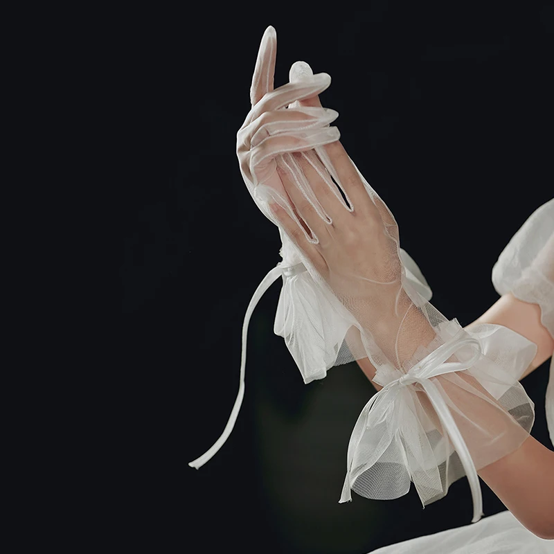 Модные Элегантные Свадебные короткие белые перчатки дышащие тюлевые Ленточные