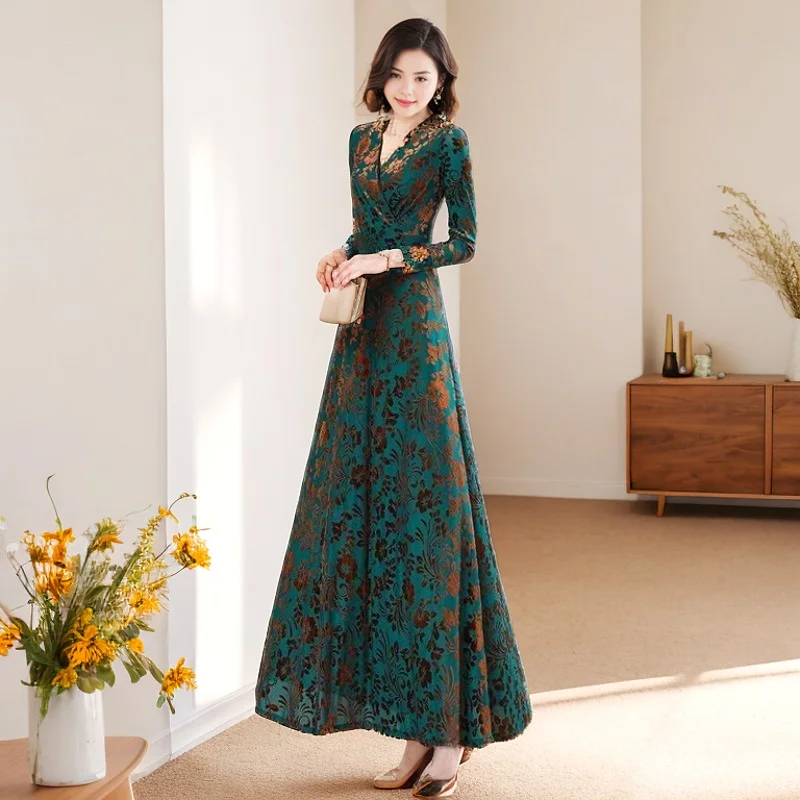 Осеннее новое длинное женское платье с принтом вечерние вечернее элегантное
