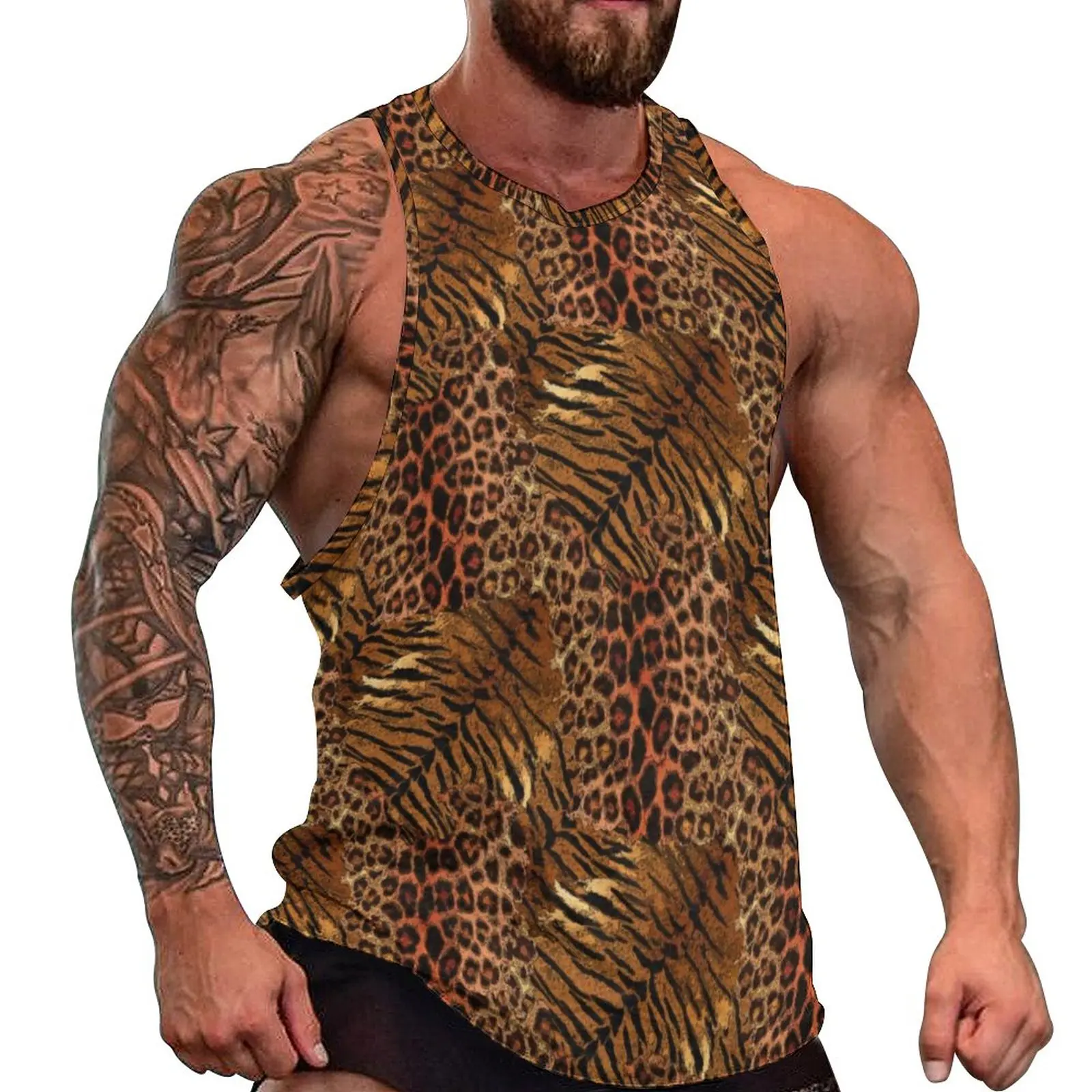 

Майка мужская с леопардовым принтом, трендовая тренировочная рубашка в полоску, топ оверсайз с винтажным графическим принтом, без рукавов, на лето
