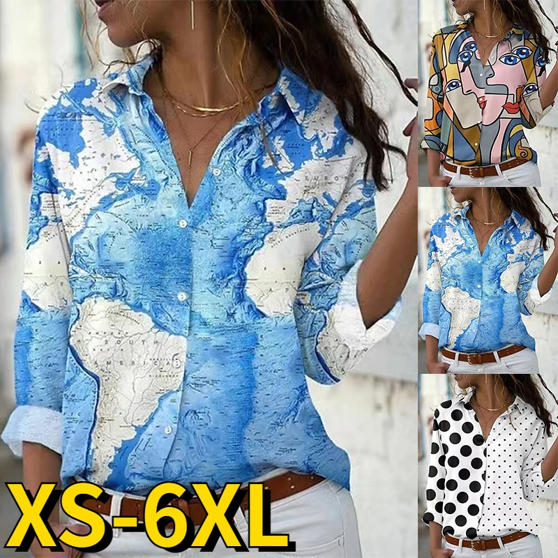 

Женская свободная рубашка с принтом, Повседневная Уличная модная пикантная рубашка на пуговицах с V-образным вырезом и длинным рукавом, Осе...