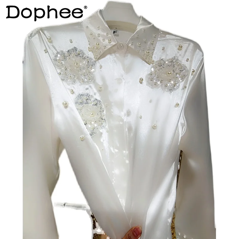 Korean 3D Flower Heavy Sequins Beaded White Shirt Women High-End Satin Polo Collar Long-Sleeved Blouse Summer Office Blusas Top images - 6