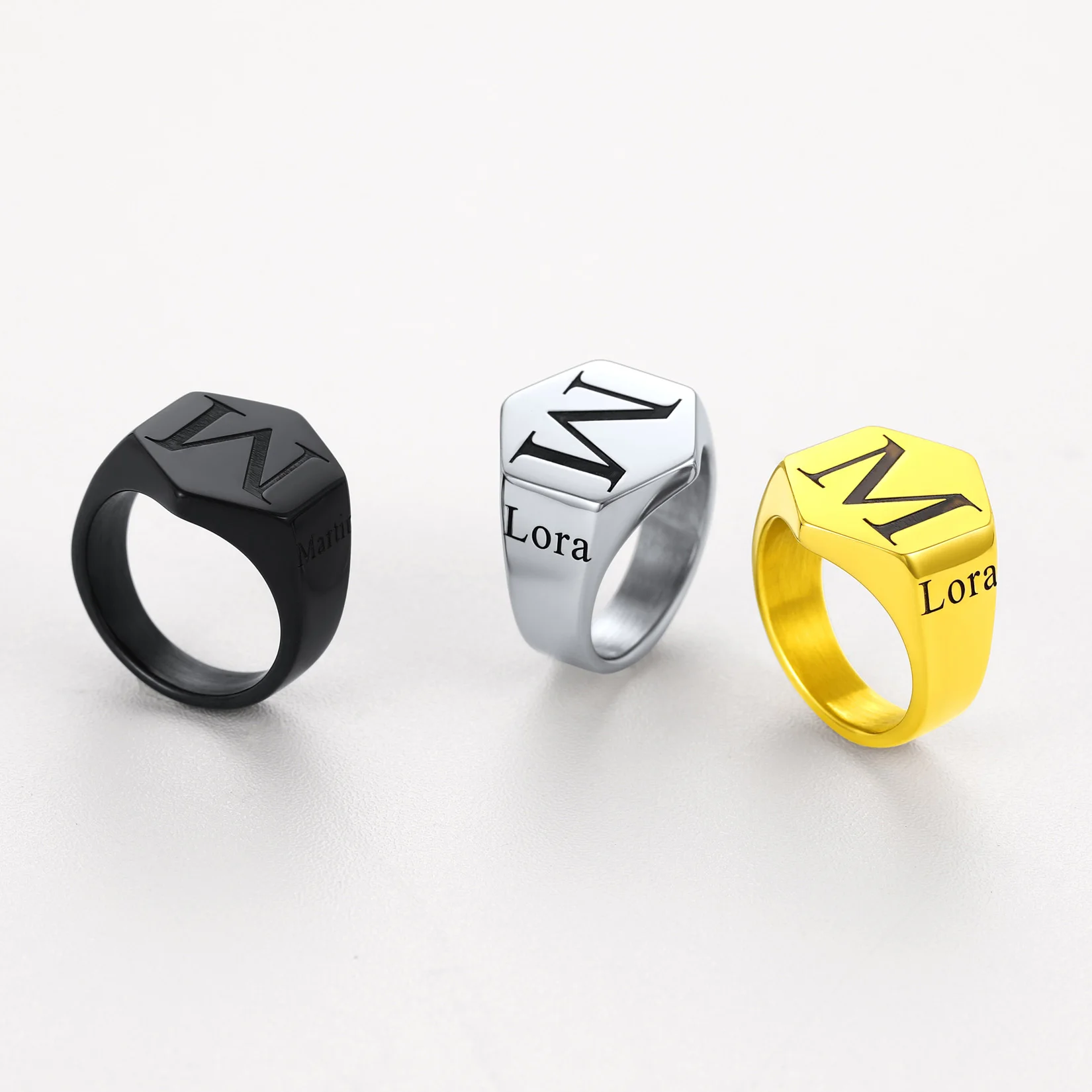 U7 Laser Engrave Upper Case Initial Letter Rings Round Hexagon Square Stainless Steel Name Signet Ring Custom Team Family Jewels