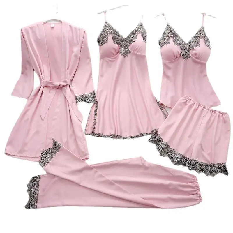 Imitation Silk Pajamas Bathrobe Underwear 5-piece Set Comfort Sexy Women's Household Top Short Pants Skirt Set