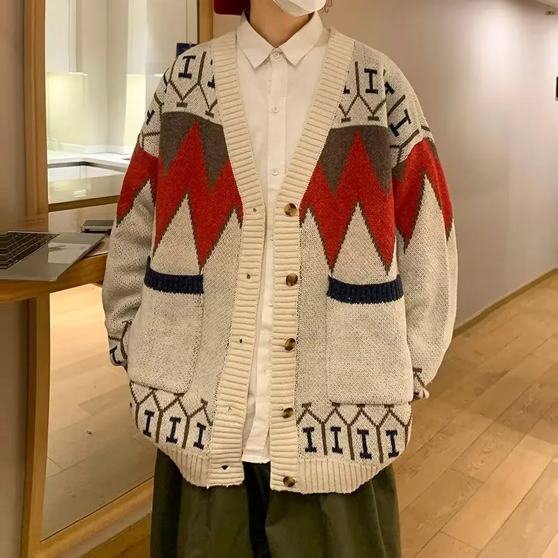 

Вязаный кардиган с V-образным вырезом, мужской свитер, высококачественный дизайн, нишевая Рождественская кофта для пар