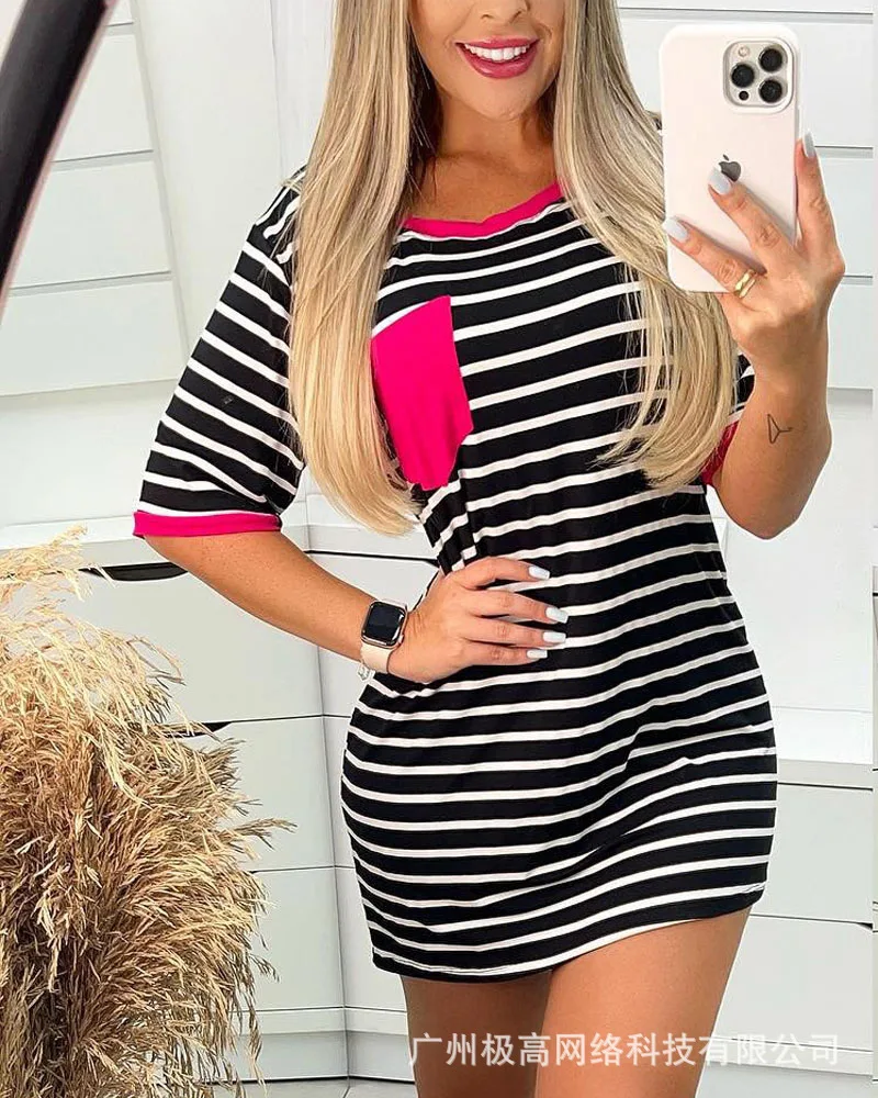 

Женское свободное мини-платье в полоску, повседневное офисное платье с коротким рукавом и круглым вырезом, лето 2022