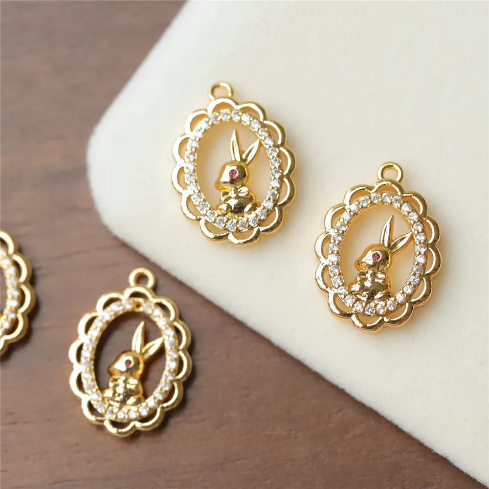Медное настоящее золото ретро овальный циркон кружево полый кулон в виде кролика