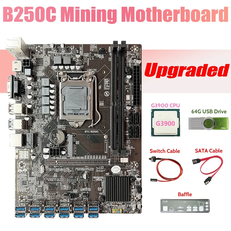 

B250C BTC Miner Motherboard+G3900 CPU+64G USB Drive+Baffle+SATA Cable+Switch Cable 12 USB3.0 DDR4 LGA1151 For ETH