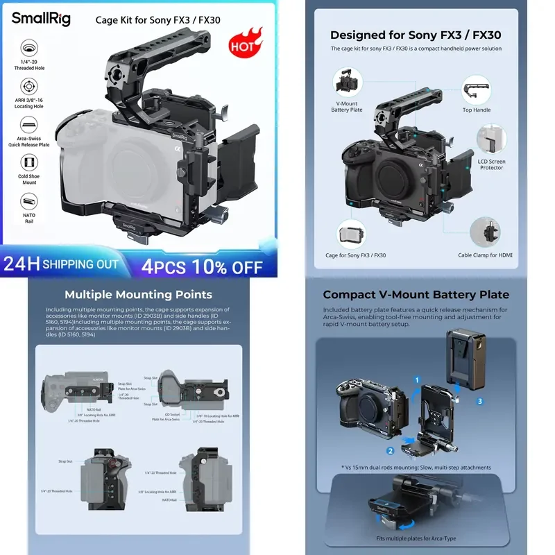 Фото Комплект защитного каркаса Brand For SmallRig для FX3 / FX30, с ручкой, пластиной для крепления V-Mount аккумулятора, зажимом для кабеля и креплением для LCD-экрана. №1