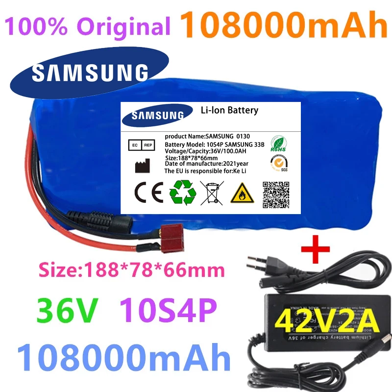 

2022 Original 36V battery 10S4P100Ah battery pack 500W high power battery 42V 100000mAh Ebike electric bike BMS+42V2A Charger