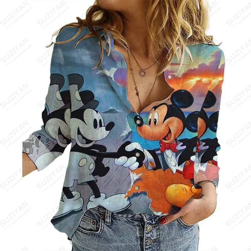 

Disney Mickey Button Elegant Turn-Down Collar Blouse Spring And Autumn New Long Sleeve Casual Shirt Women'S Fashion