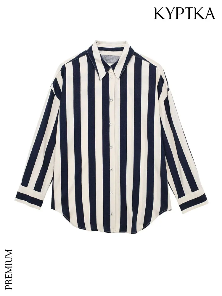 

Женские льняные Полосатые блузки KYPTKA, белые винтажные блузки большого размера с длинным рукавом и пуговицами спереди, шикарные топы, 2019