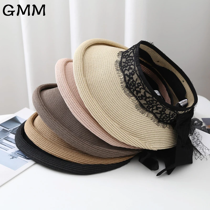 

Fashion Lace Bow Empty top Straw Hat Summer Sun Hats for Women Wide Brim Anti-UV Beach Caps Female Holiday Sun Visor Cap Bonnet