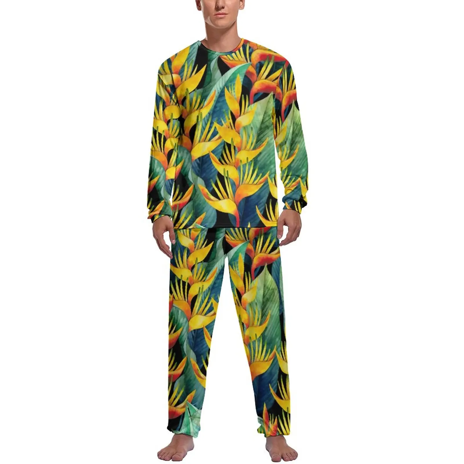 Tropical Pajamas Male Watercolor Heliconia Trendy Home Suit Autumn Long Sleeve 2 Pieces Room Design Pajama Sets