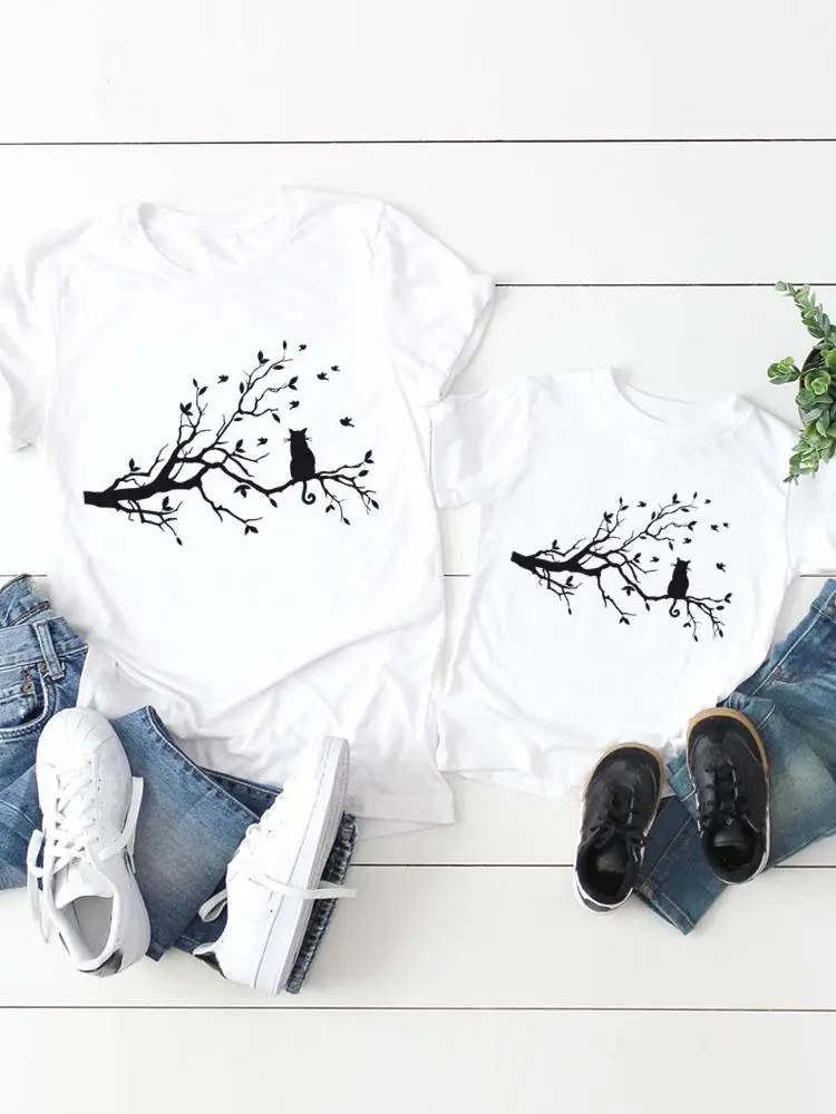 

Graphic T-shirt Tee Print Cat Lovely 90s Cute Women Child Kid Clothing Boy Girl Summer Mom Mama Clothes Family Matching Outfits