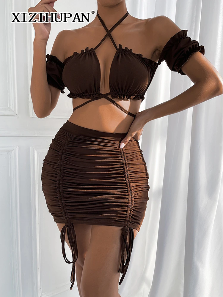 

XIZIHUPAN Sexy Two Piece Set Criss Cross Ruched Patchwork Lace Up Top High Waist Slim Mini Skirts Solid Sets Female Summer New