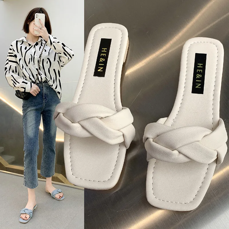 

Летние вязаные однотонные тапочки, новинка, верхняя одежда, шлепанцы с открытым носком и плоской подошвой, женская обувь больших размеров ...