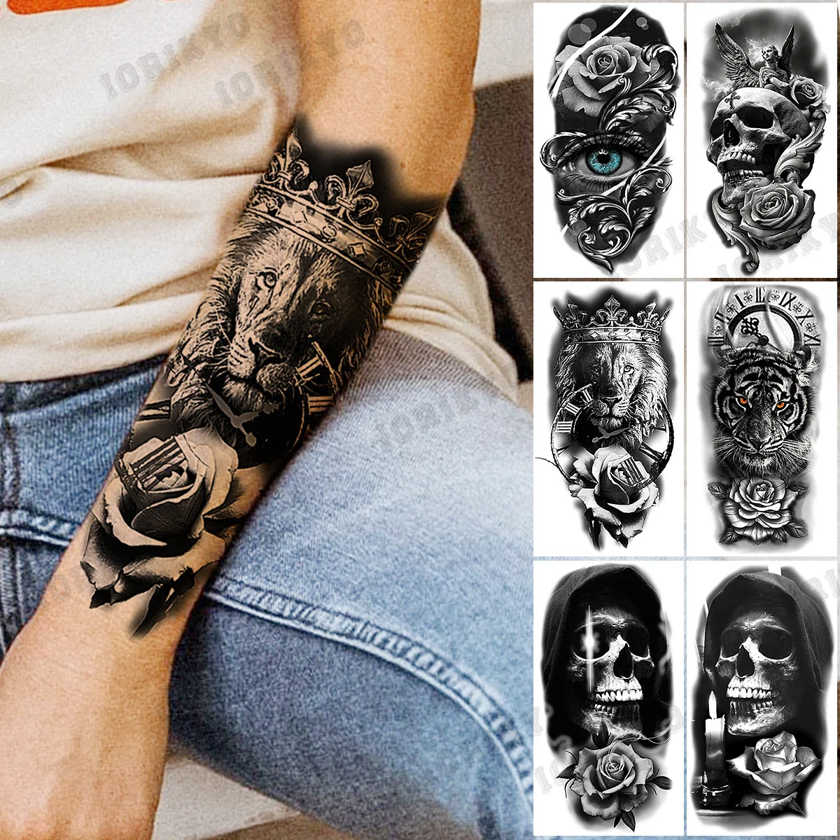 

Black Lion Compass Rose Flower Temporary Tattoos For Women Adult Men Skull Tiger Eyes Fake Tattoo Forearm Waterproof Tatoo Paper
