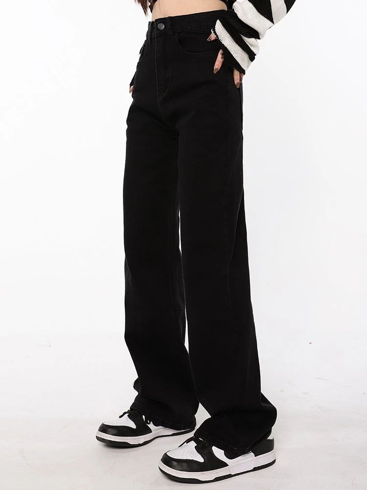 

Винтажные черные женские джинсы с высокой талией, американская мода, уличная одежда, джинсы с широкими штанинами, женские джинсовые брюки, з...