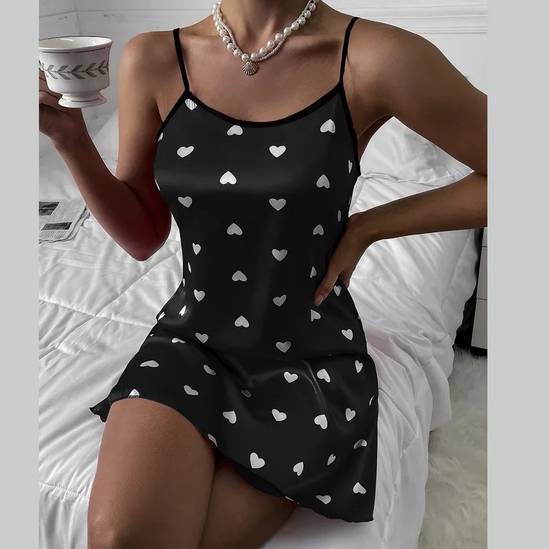 

Heart Print Nightgown Chemise Sleepwear Short Nightdress Summer Sexy Spaghetti Sling Homewear Satin Sleeveless Female Nightwear