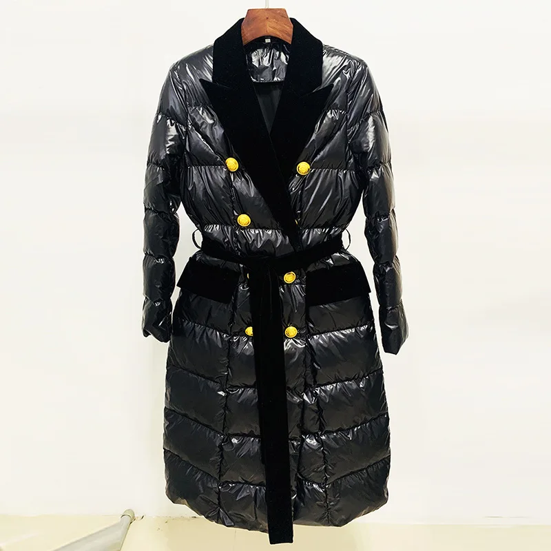 White Dark Down Parkas Women Fashion Tie Belt Coats Gold Lion Buttons Female Elegant Solid Glossy Slim Long Jackets Winter Warm