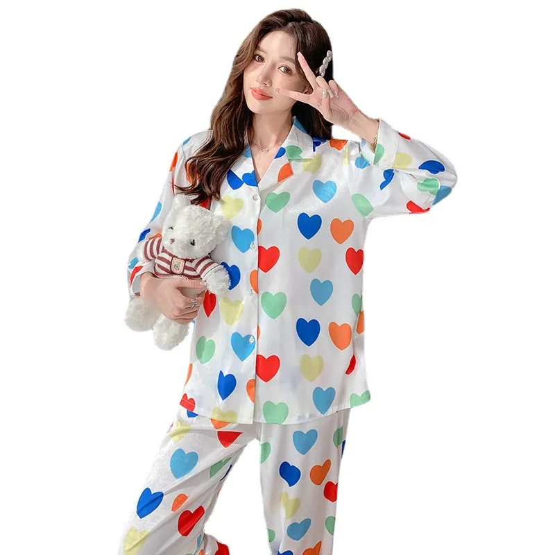 2023 New Fall Home Wear Ice Silk Pajamas Women's Jacquard Love Spring and Autumn Long Sleeve Trousers Two-Piece Suit