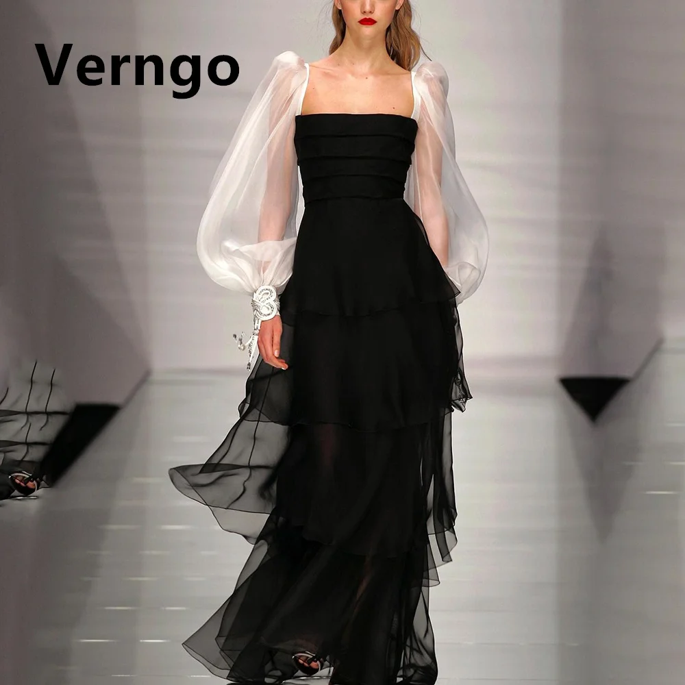 

Verngo Sequare Collar Long Puff Sleeves Party Dresses A Line Chiffion Prom Gowns Formal Dresses Tiered Simple Wedding Party Gown
