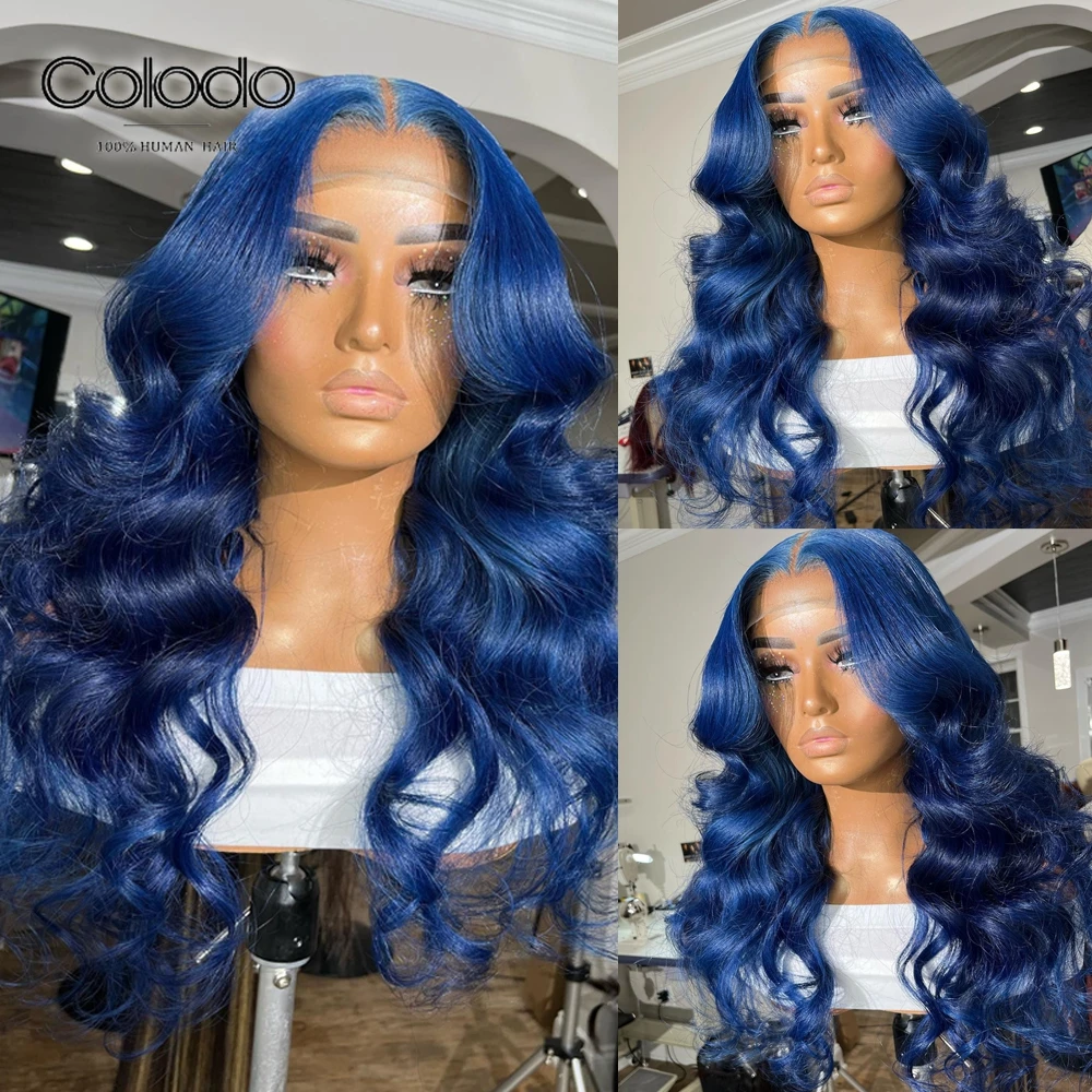 

COLODO Blue Colored 13x4 Lace Front Wigs PrePlucked Body Wave Brazilian Remy Human Hair Wigs With Baby Hair For Black Women